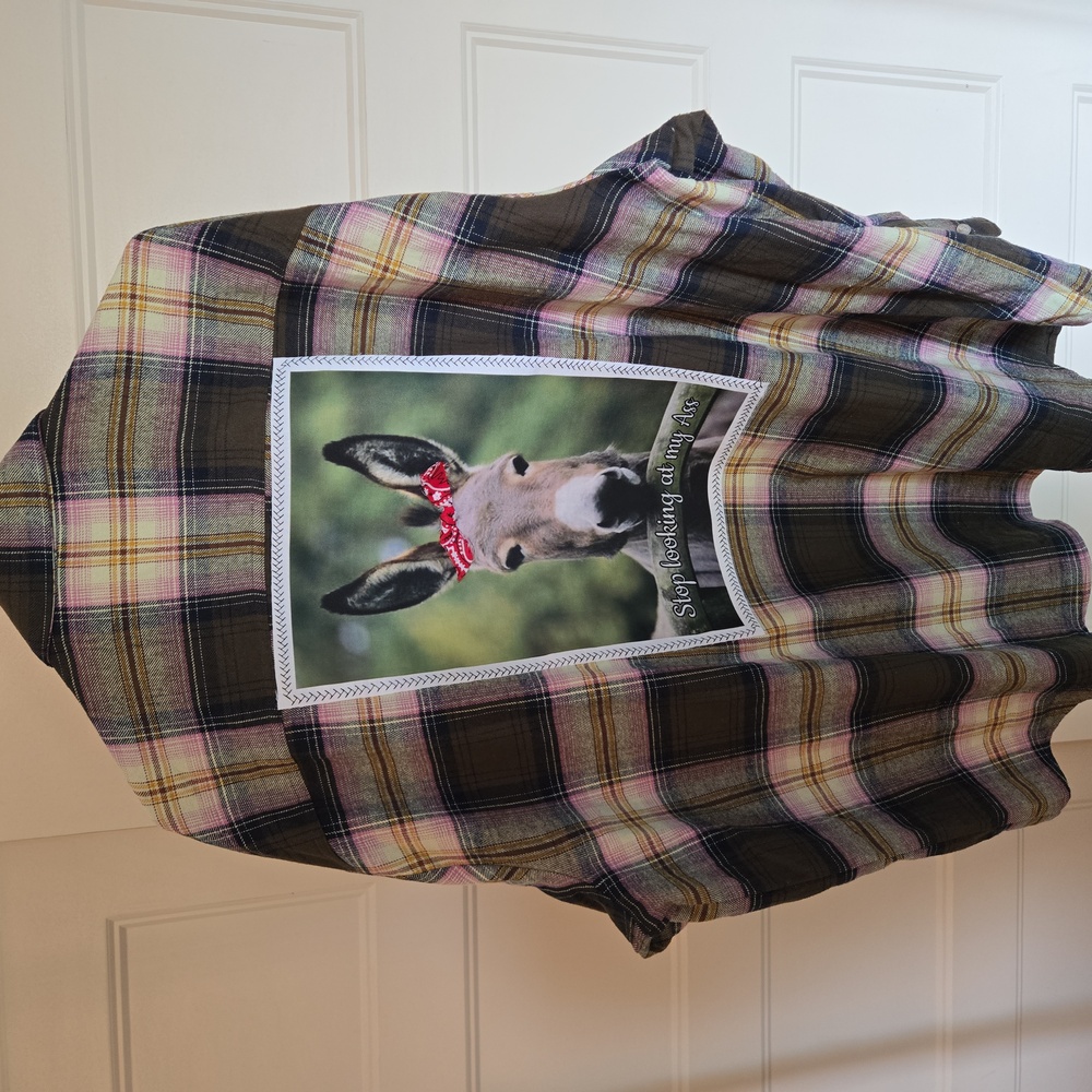 FINAL $= One of a Kind Upcycled NEW Flannel with Donkey